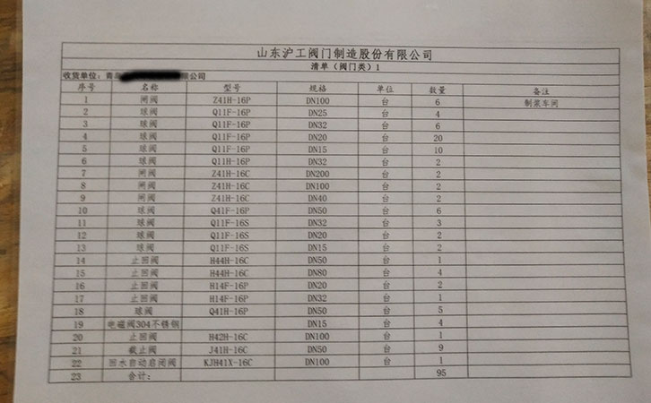 山東滬工閥門制造發(fā)貨通知-青島某公司